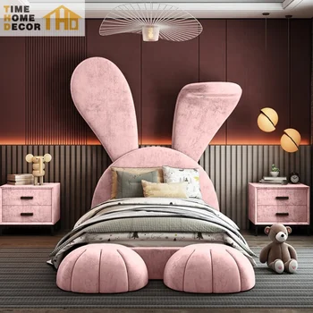 New Kids Bed Room Furniture Pink Princess Girls Bedroom Rabbit Design Children Bed Upholstered Fabric Leather Girls Bunny Beds