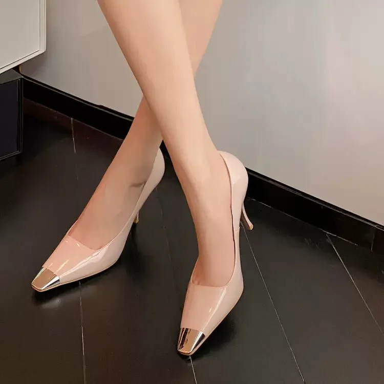 Ladies Genuine Leather Pumps Square Metal Toe Elegant Thin Heels Women High Heels - Image 4