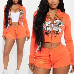 Huili Trending Heavyweight French Terry Activewear Custom logo Print Hooded Jacket & Shorts Tracksuit Two Piece Women Hoodie Set