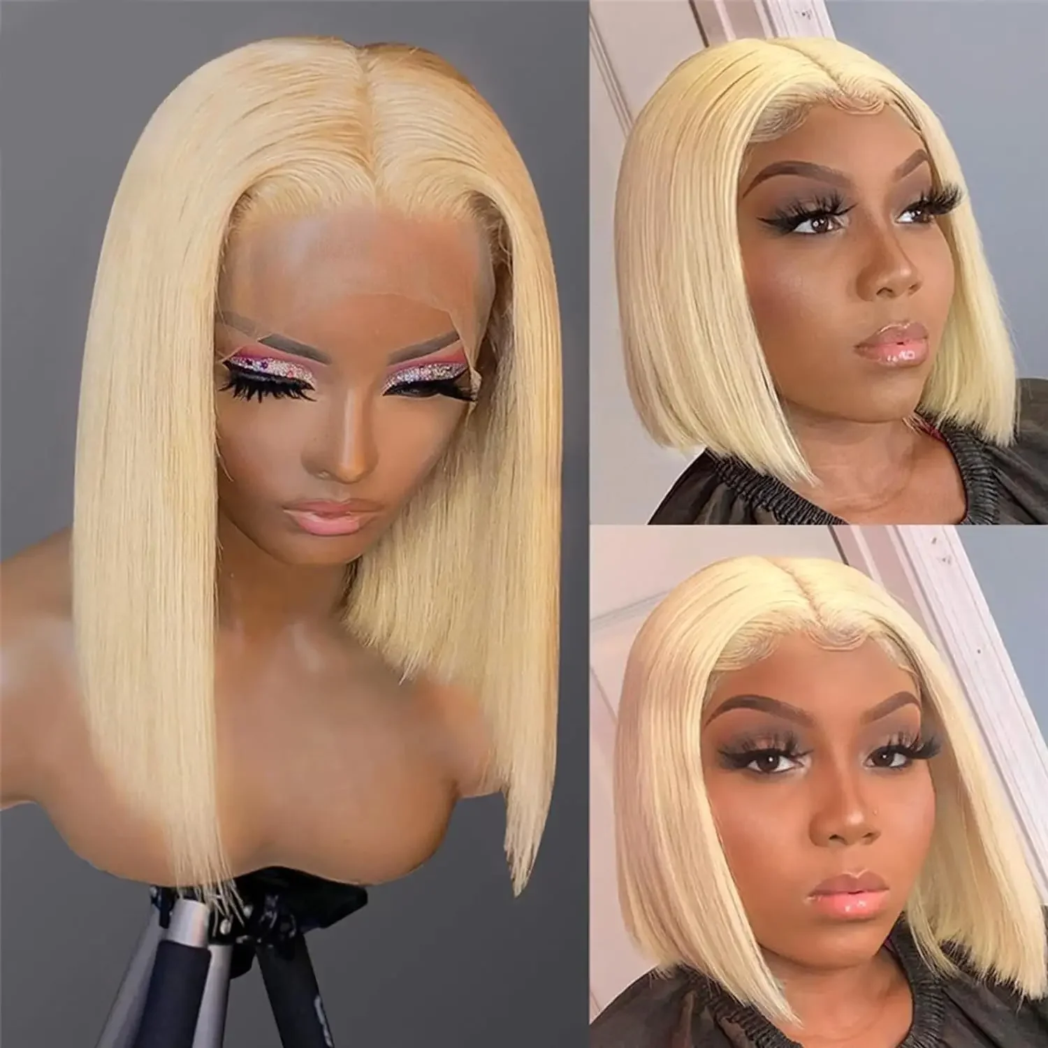 Blond krátka bob parochňa, ľudské vlasy 13x4, čipka vpredu, predtrhané s detskými vlasmi pre ženy_voghion.com
