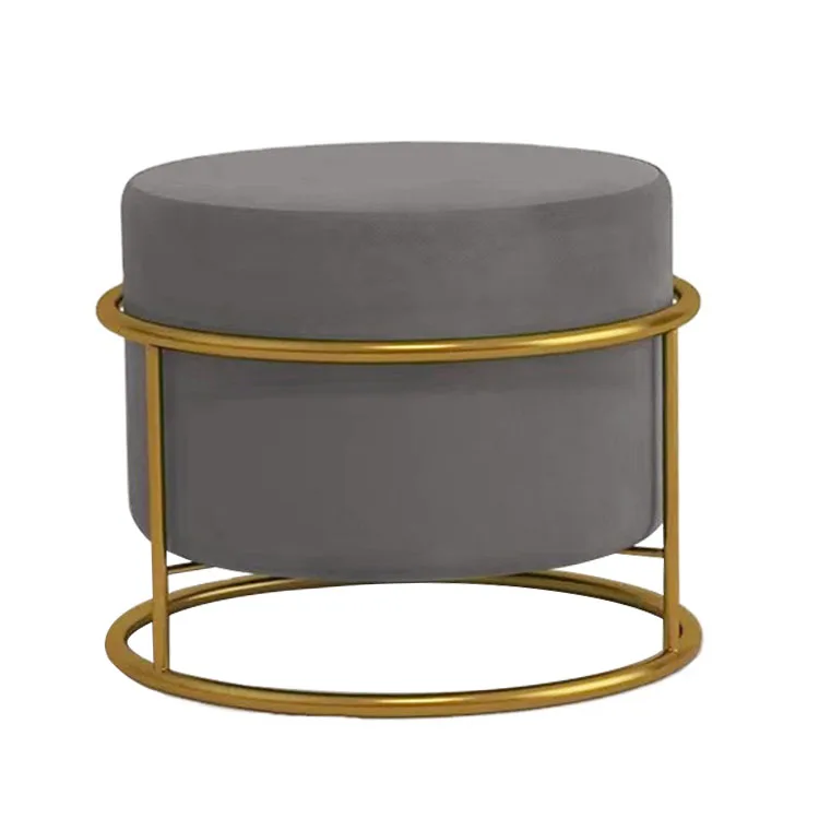 Wholesale Hot Sale Nordic Modern Ottoman Round Stool Pouf Velvet Fabric Ottoman Iron Legs