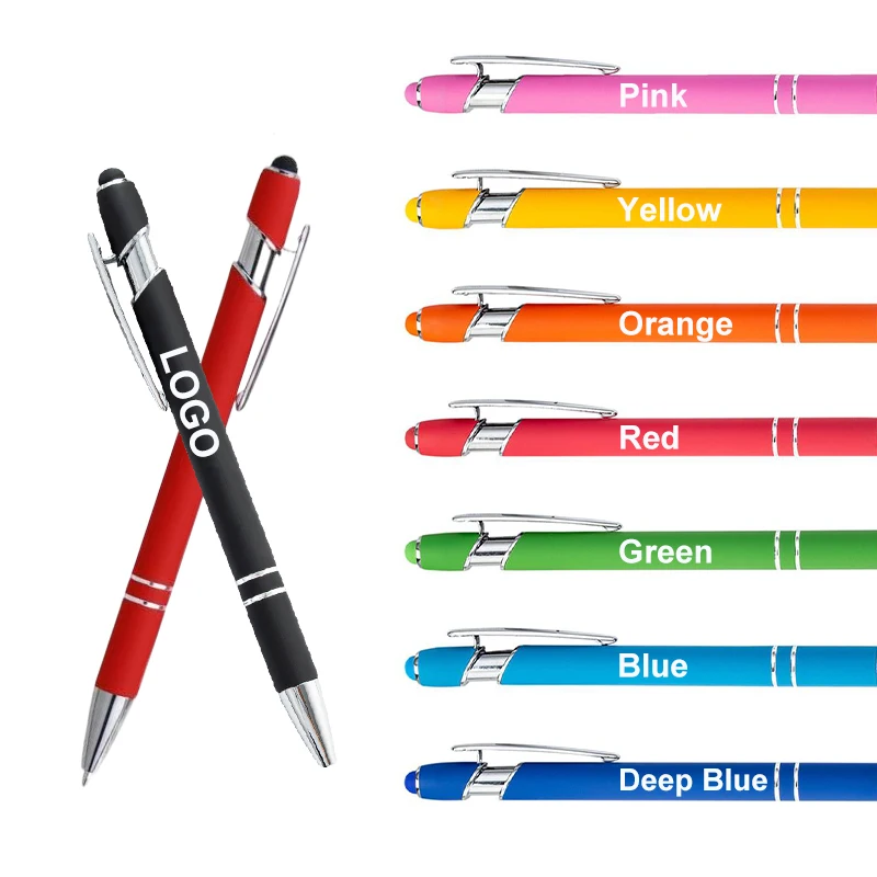 Custom Logo Promotion Soft Rubber Plastic Touch Luxury Ball Pen Business Office Sports Customize Metal Stylus Ballpoint Pens