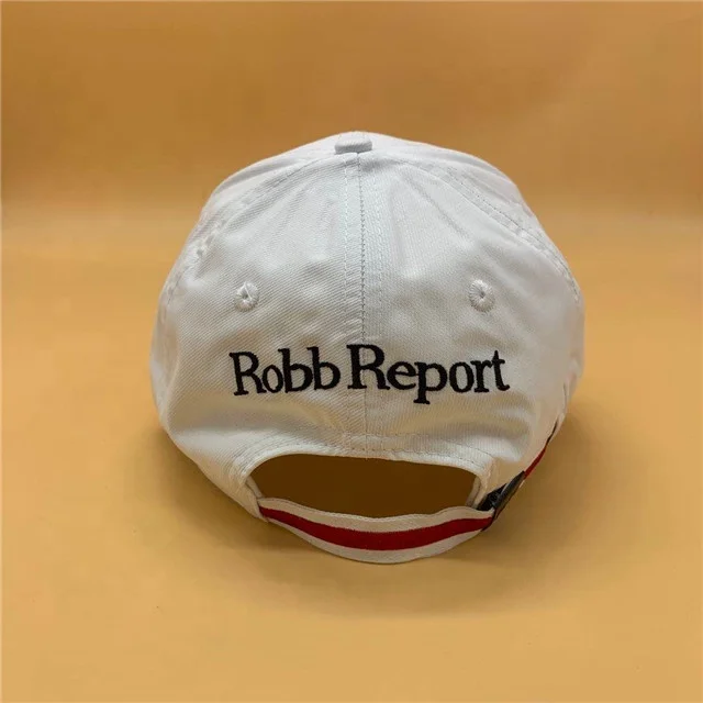 Embossed Metal White Robb Report 3D Embroidery Baseball Cap in Bulk