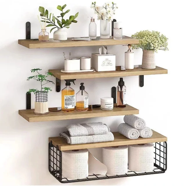 4 Pcs Kitchen Bathroom Modern Style Multi-functional Hanging Type Wall Free Installation Shelving  Bathroom Shelving