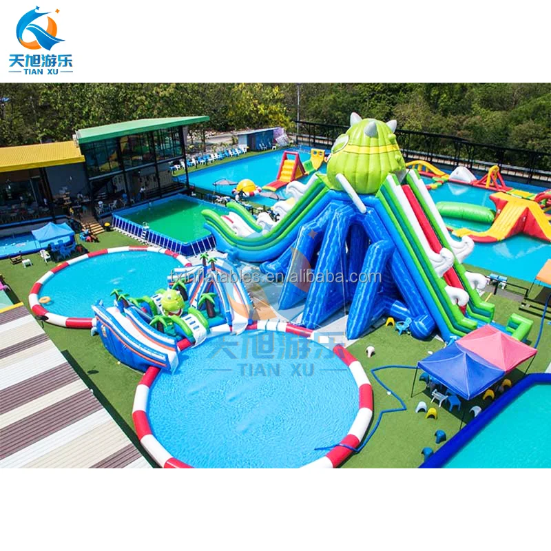 Giant Ground Theme Amusement Water Park Slides Outdoor Funny Mobile Land  Inflatable Big Swimming Pool Made of Durable Metal