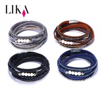 LIKA Bohemia Trendy Multilayers Magnetic Clasp PU Leather Wrap Bracelet with pearls For woman