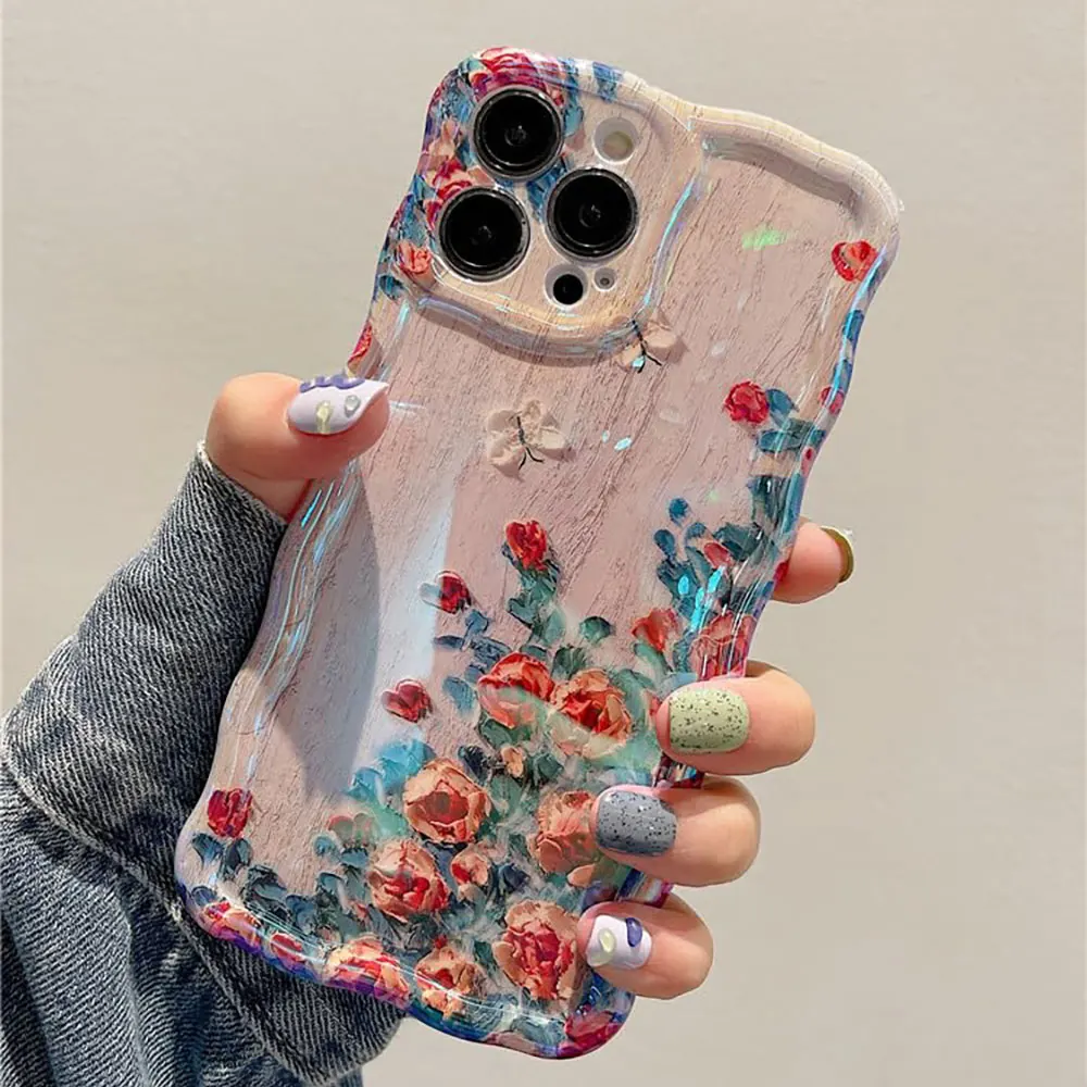 Laudtec Sjk764 Oil Painting Flower Phone Case Blue Water Ripple Mobile Skin Friendly For Iphone 16 15 14 13 12 Plus Pro Max