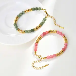 New Arrival Colorful Stone Bead Bracelet Stainless Steel Gold Plated Beads Bracelets for Women Girls
