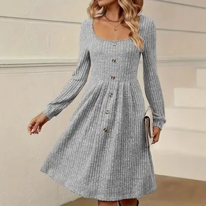 2026 Fall Winter Women's Long Sleeve Tunic Dress Elegant Midi-Length Sweater with Square Neck Modest Sweet for Office Church