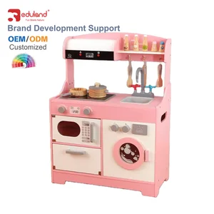 EDULAND Pink Kids Wooden Kitchen Pretend Set for Preschool Kids for Children's Play Imagination Fueling Kitchen Food Toys