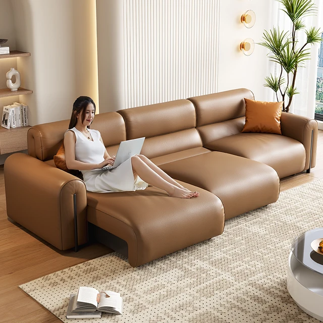 Modern simple electric multi-functional leather sofa bed living room remote control telescopic sofa