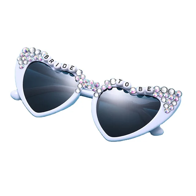 Go Party Bride Sunglasses White PC Frame Peach Heart Eyeglasses Bling Diamond Pearl Letter Be Decor for Wedding Beach Party