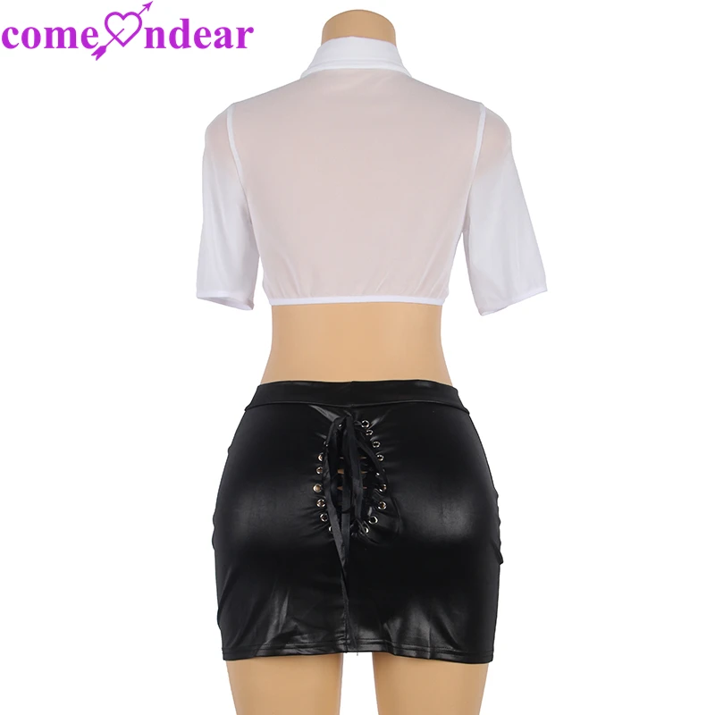 Wholesale Sexy Costume New White Half Sleeve Shirt Black Leather Skirt
