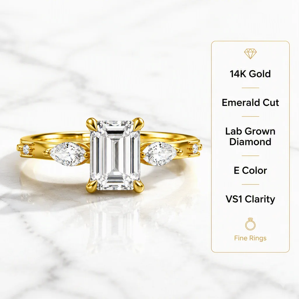 14K Gold Emerald Cut Lab Grown Diamond Ring Marquise Lab Created Diamond Engagement Ring Lab Diamond Rings for Women
