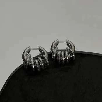 Women's Fashionable Silver Metal Ear Jewelry Detachable Large Small Hoop Earrings with Geometric Pattern Trendy Alloy Jewelry