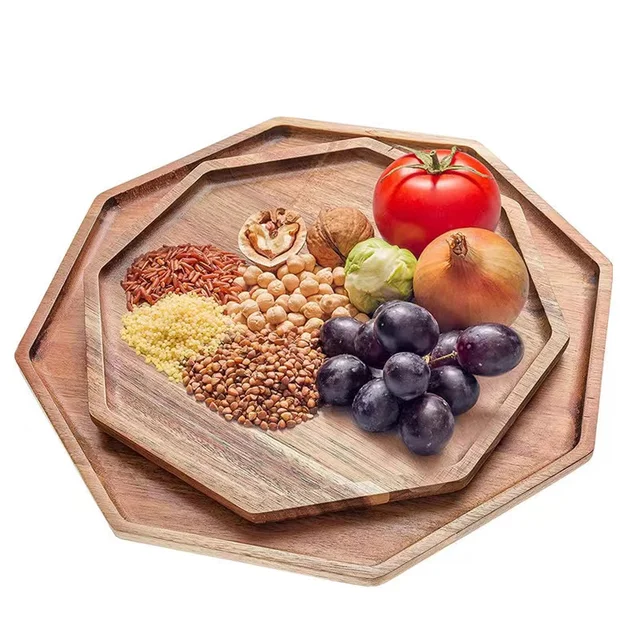 Polygon Acacia Wooden Serving Tray Bread Charcuterie Board for Fruit Salad Cheese Platter Vegetable Octagon Square Food Plate