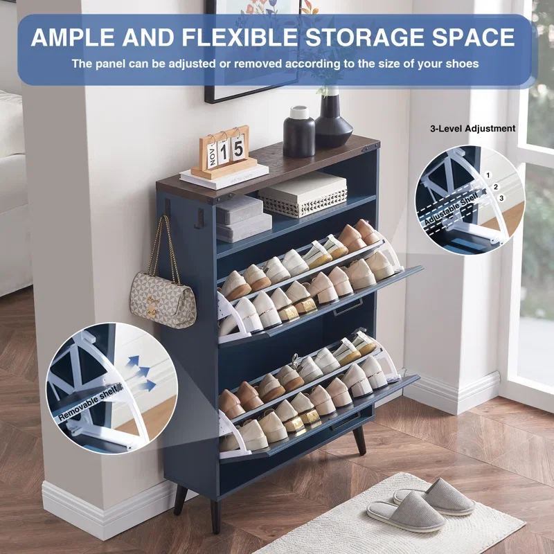 Shoe Cabinet Storage for Entryway,2 Flip Drawers,2 Tier Blue Shoe Cabinet Freestanding Wood Shoe Rack for Entryway