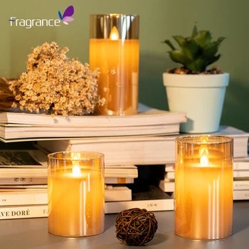 Hot Selling 3D Real Flame Pillar Gold Glass Home Decoration Remote Timer 4 8 Hours Flameless Led Candle