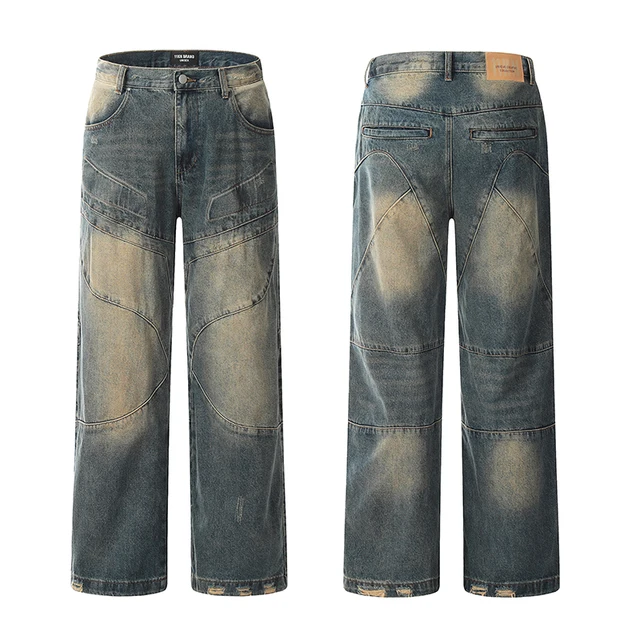 Crazy Maker custom New OEM/ODM Punk Style Jeans fashion streetwear Men's Washed Retro Wide Leg Straight Loose Burr Unisex Pants