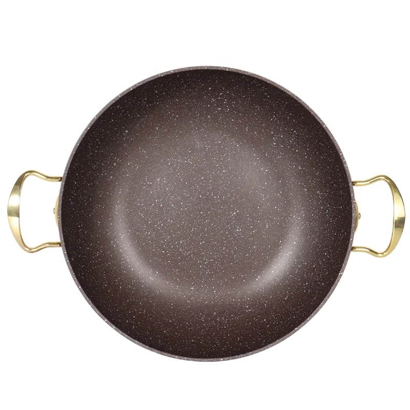 High Quality Cookware New Model Brown Color Durable Non Stick Marble Stone Coating Forged Wok Pan With Two Ear