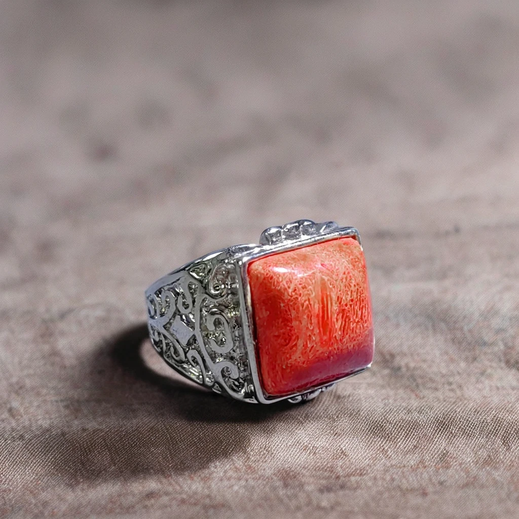 Trend Customizable Vintage Turkish Signet Ring High Quality 925 Silver with Red Coral Gemstone for Weddings