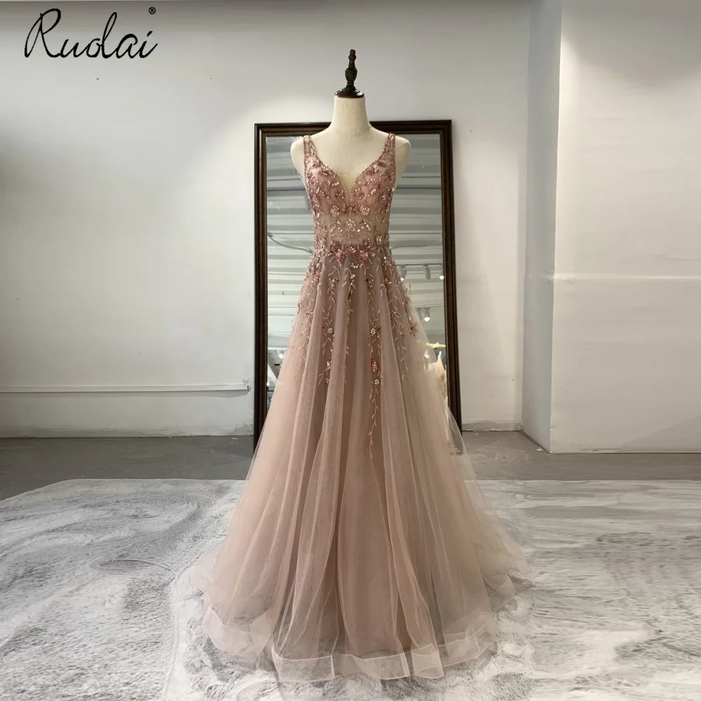 ASA-0074 Sexy V Neck Dusty Pink Crystal Prom Dresses Evening Dress Gown