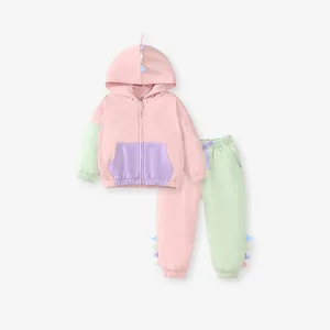 Customized Heavyweight Cotton Kids Girl Winter Clothing Full Zipper Hoodies Color-Blocking Girls Clothing Sets
