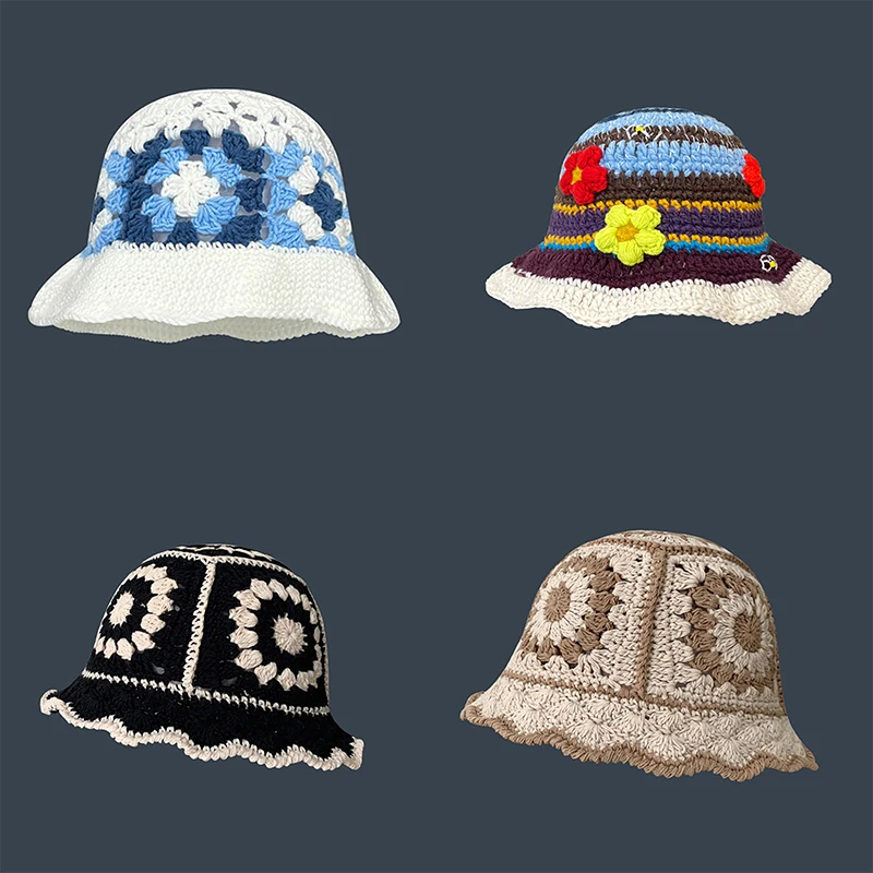 Wholesale Sweet Flower Crochet Hand Knit Bucket Hat Vintage Flower Cotton Hand Knitted Hollow Fisherman's Hat