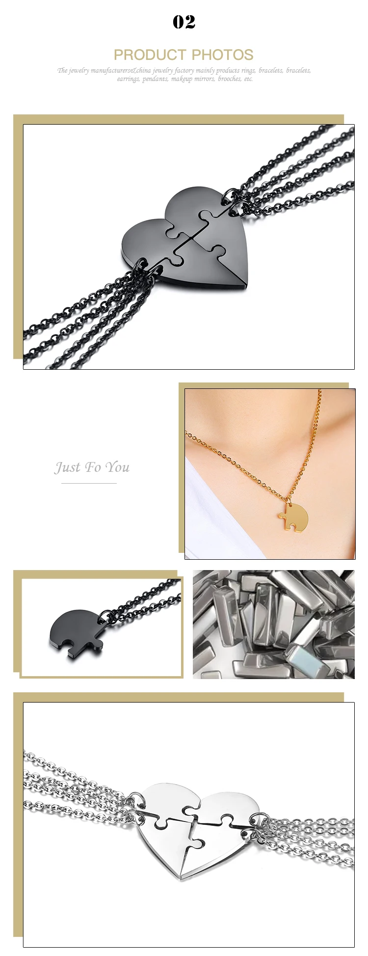 Supplier Wholesale Titanium steel puzzle heart pendant black/gold/black necklace PBF-015