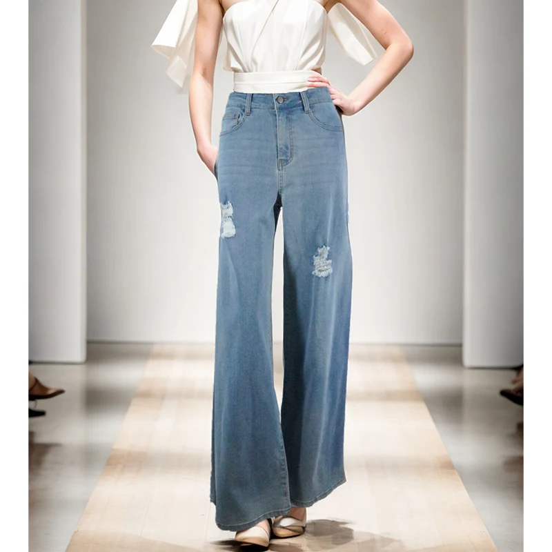 Large Size Women'S Jeans 2023 New Perforated Personalized Wide Leg Pants