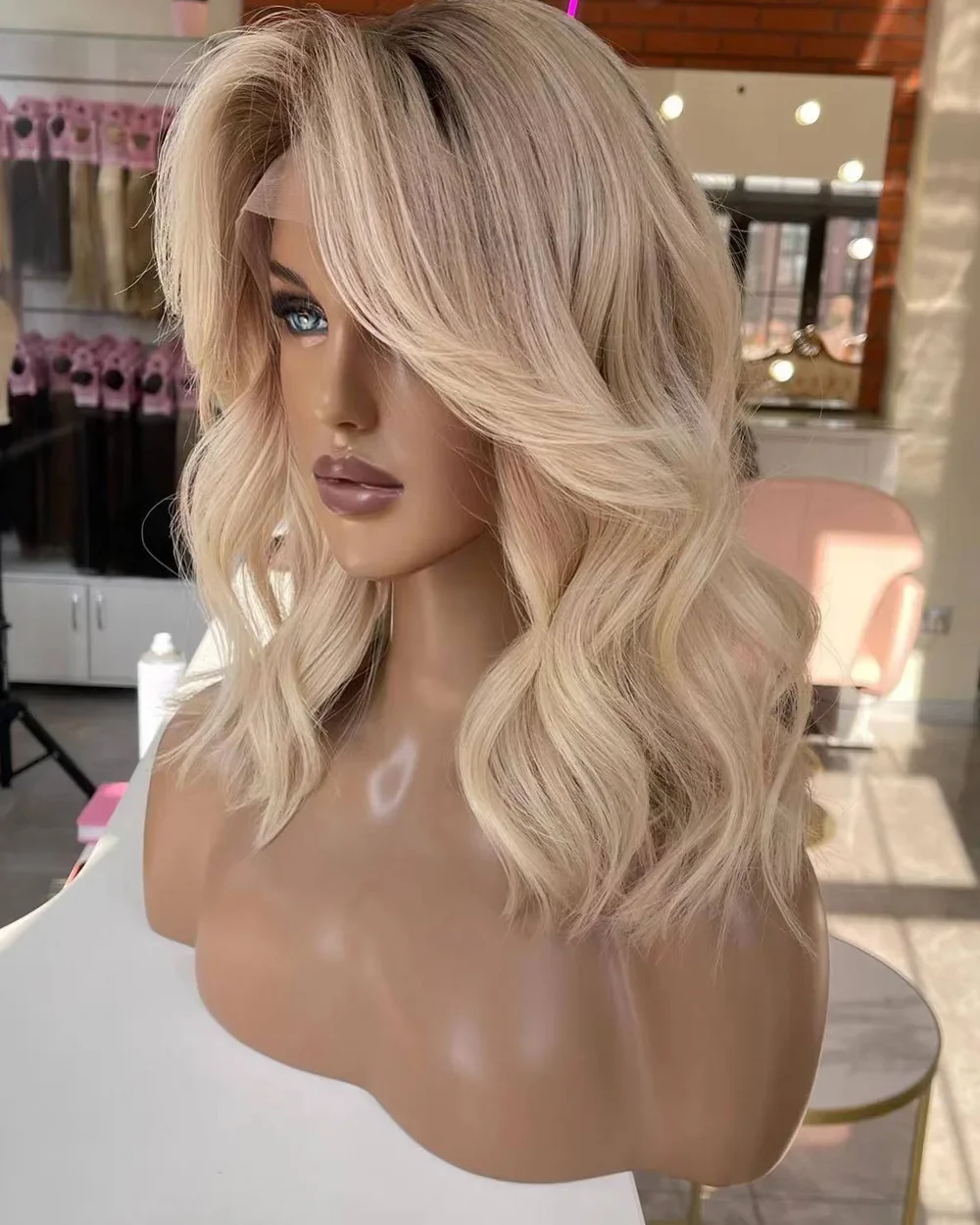 Csipke elülső emberi hajból készült paróka Omber ragasztó nélküli, viselésre kész frontális parókák nőknek_voghion.com