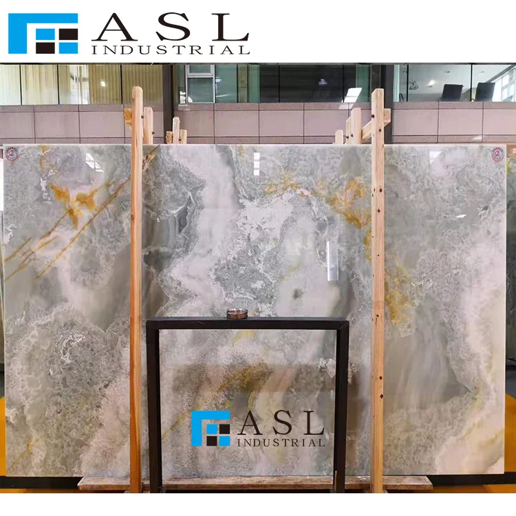 Highly polished blue onyx stone green tiles gold royal onyx panel onice marble kwartsiet floor blue ice onyx panel