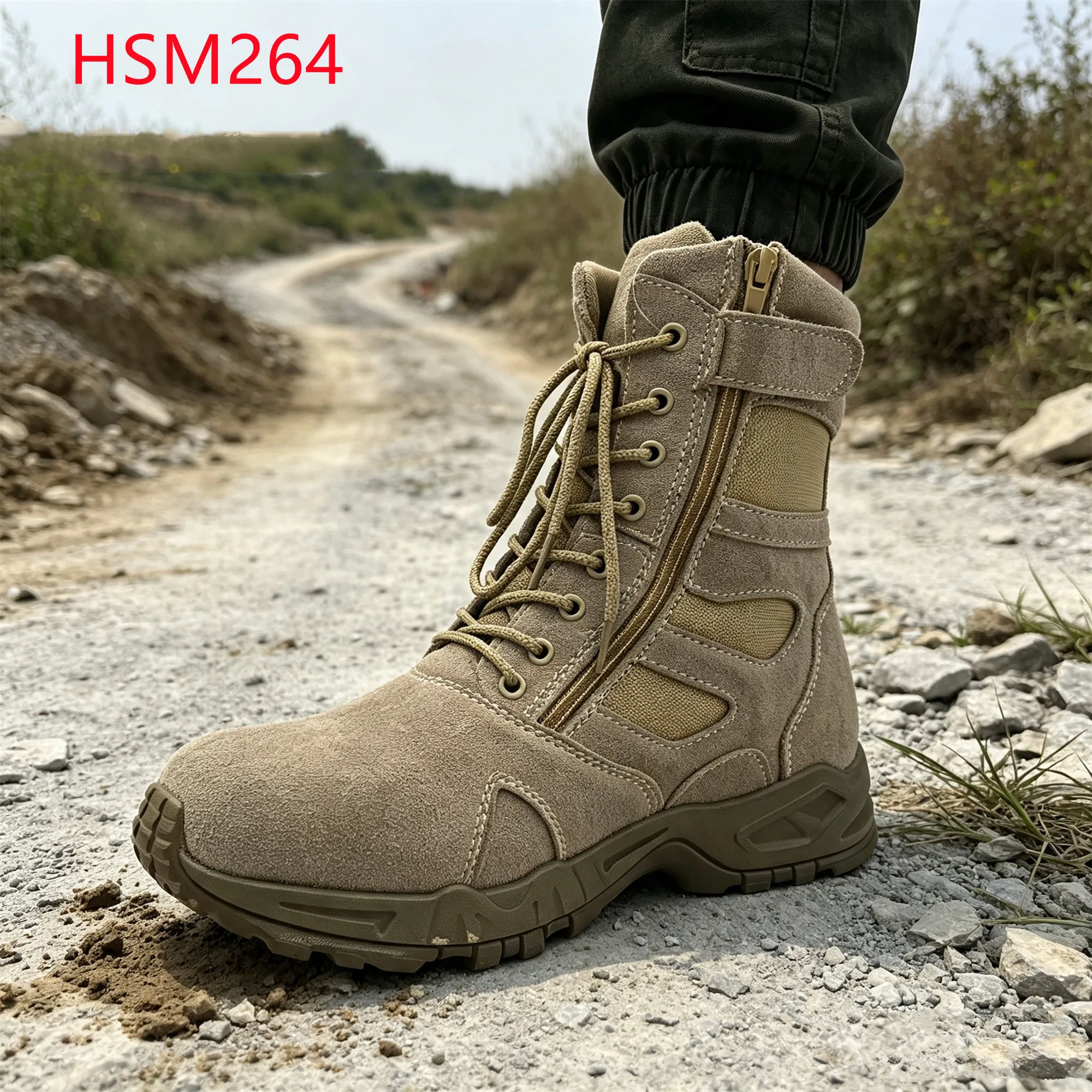 LXG,Simulation Training Desert Boots with Side Zip&velcro Withstand Impact PU+rubber Sole Sand/black Color Tactical Boots HSM264
