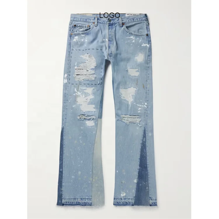 Custom Flare Slim-fit Distressed Jeans Fashion Patchwork Denim Jeans ...