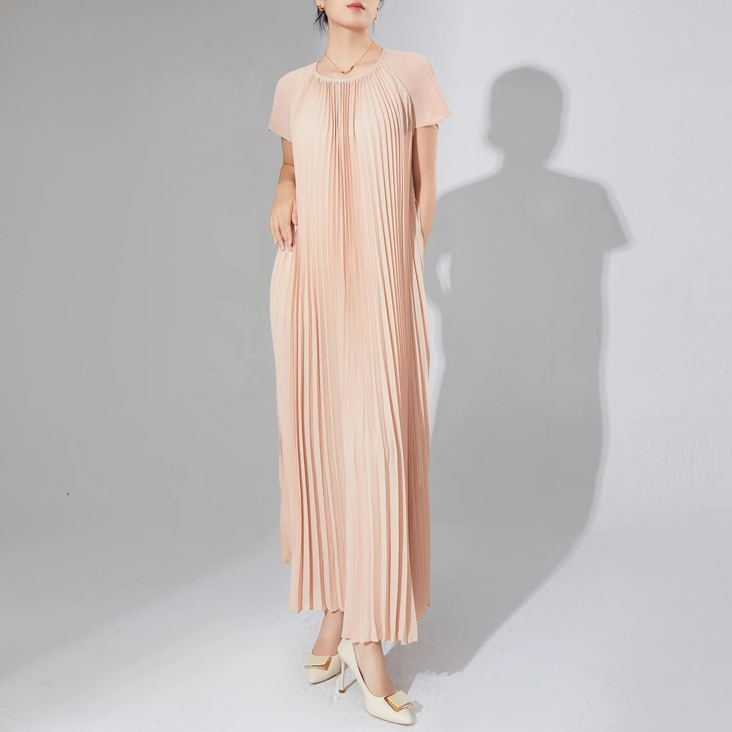 Women's Pleated Long Dress Loose Fit Belted Flowing With Short Sleeves Midi  Dress Women's Fashion Dresses