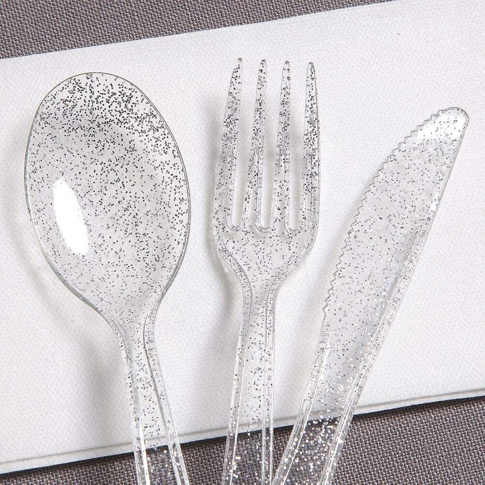 PS Disposable Plastic Cutlery Gold Sliver Rose Gold Glitter Disposable Plastic Flatware Knife Fork Spoon