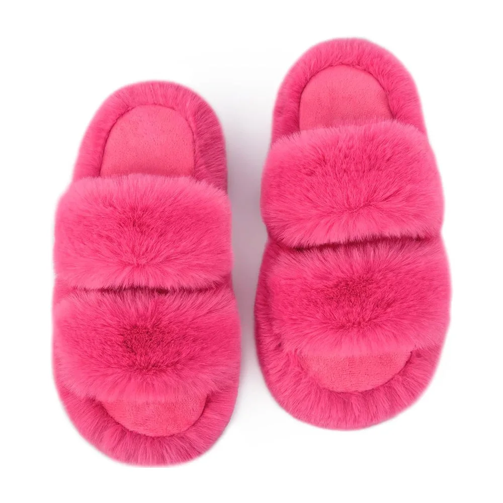 Women's Comfy Open Toe Two Band Slides with Short Plush Lining Indoor Fluffy Leopard Fashion Fur Slippers