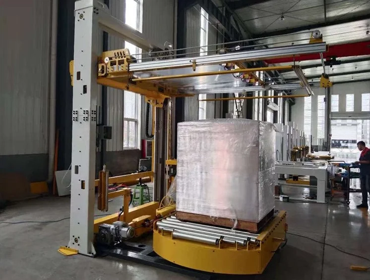 Top sheet Inline full automatic pallet stretch wrapping machine 5 side packing machine with top palet and sheet function