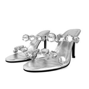 ZAZB Brand Customized Leather Silver Rhinestone High Heel Slippers Women's Slippers Wedding Bride Women's Dress