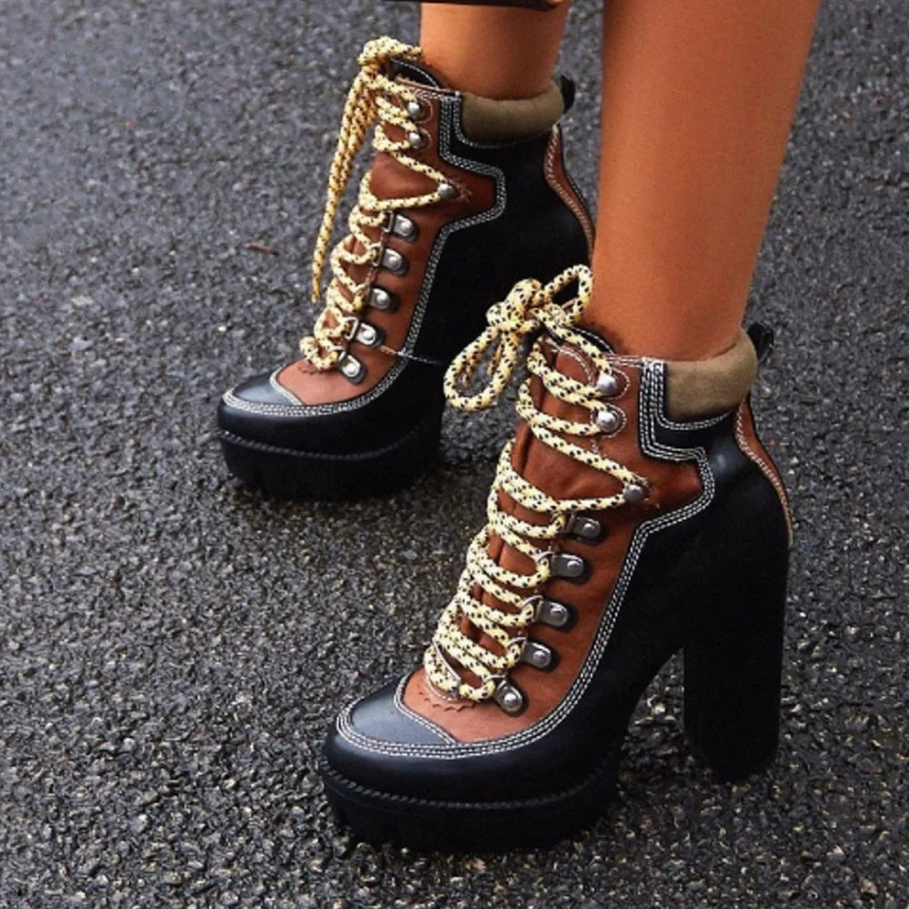 High Top Color Block PU Upper Platform Round Toe Women Ankle Boots Fashion Lace up Chunky High Heel Short Booties for Ladies