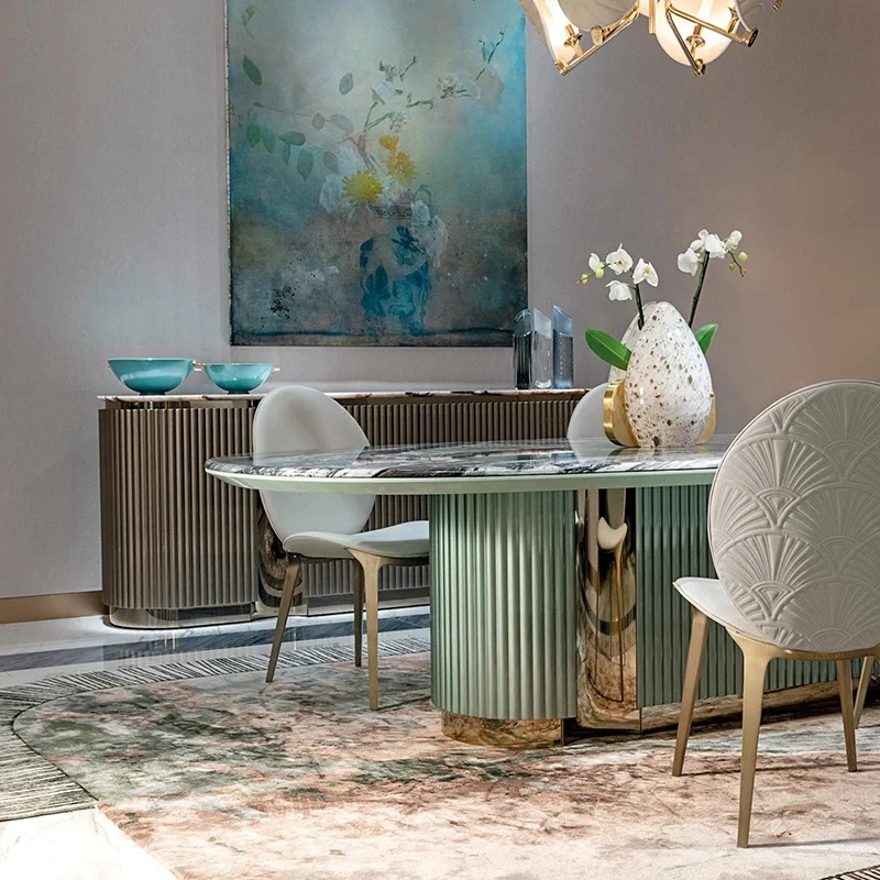 High End Designer Leonardo Light Green Italian Luxury Villa Natura Oval Marble Pandora Granite Dining Table