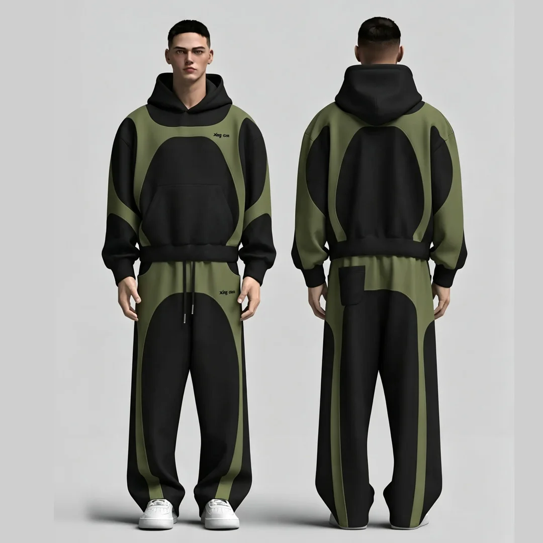Sportstøjsproducent: Brugerdefineret hoodie med buet samling og brede bukser, tungt og løst amerikansk streetwear-trainingsdragt