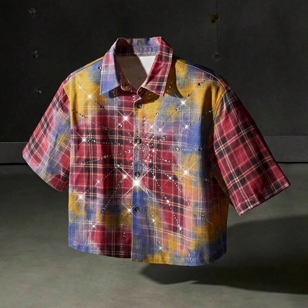 Modne koszule w kratę z kryształkami i koralikami na krótkie rękawy dla mężczyzn, topy w stylu vintage streetwear, producent odzieży vintage