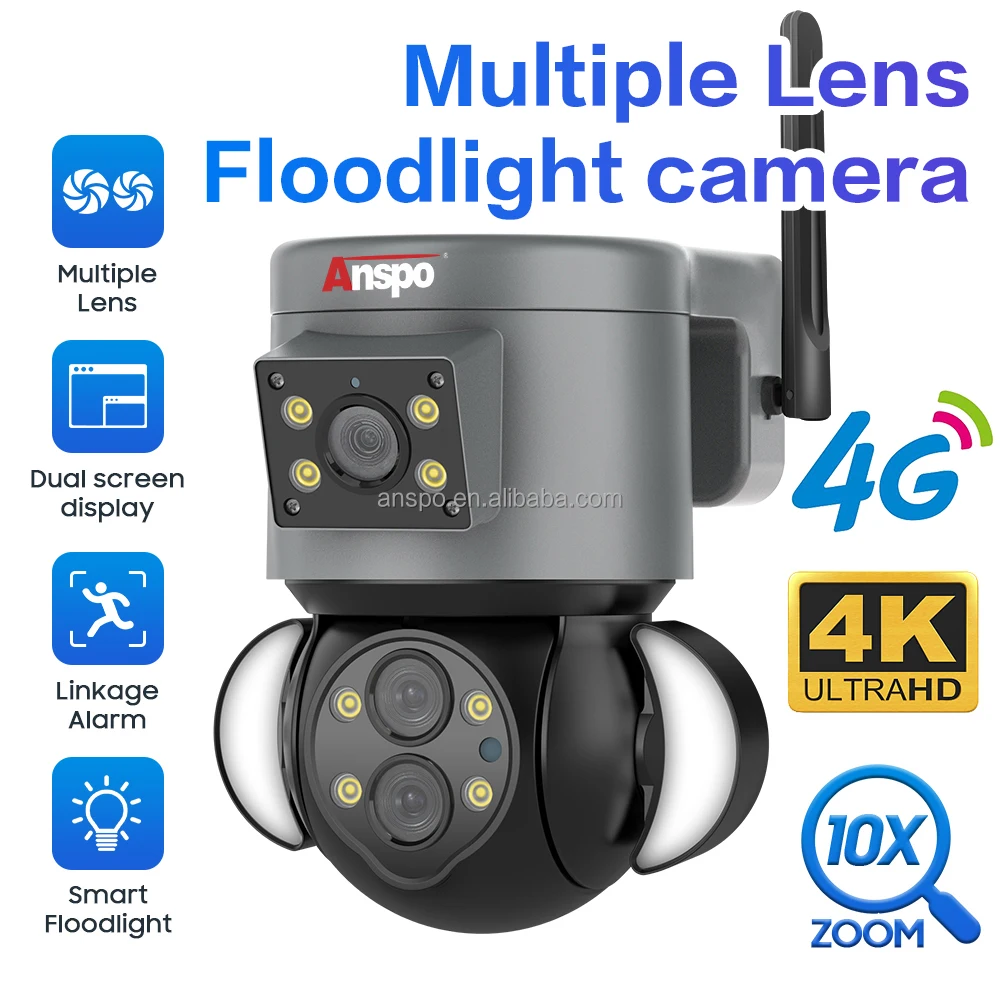 4G 8MP Multiple Lens Floodlight 4k Camera Dual Lens 4MP With 10x Zoom Linkage PTZ CCTV Wireless Security Outdoor Camera