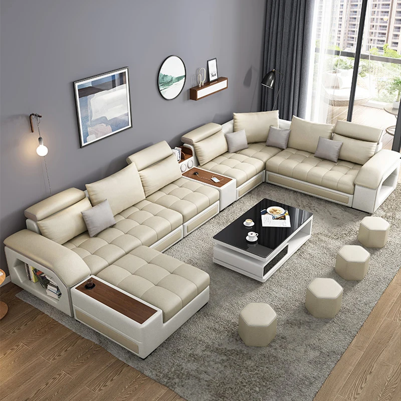 Modern Leather U Shaped Sectional Sofa Couch Bed 7 Piece Set Furniture Living Room Fabric Velvet