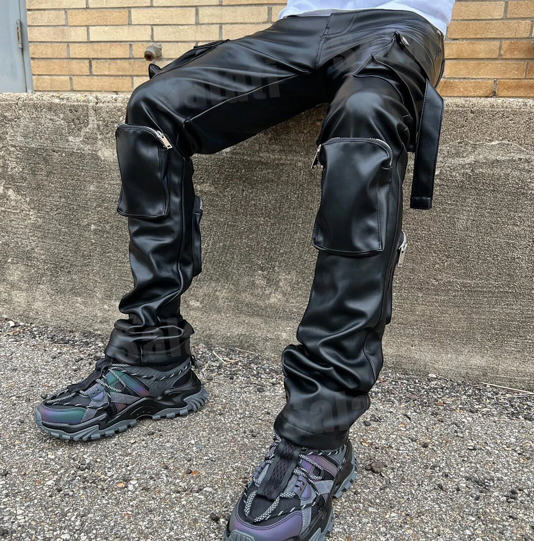 Custom Flared Relaxed Fit Baggy Pants Black Motorcycle Pu Trousers Multi Pockets Streetwear Stacked Cargo Faux Leather Pants Men gallery 8