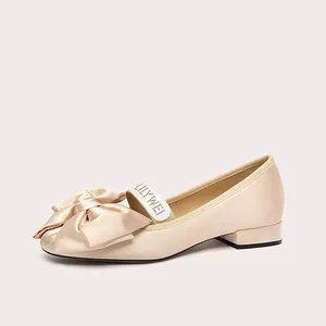Latest Model Light Champagne Round Toe Flat Shoes for Women with Large Satin Bow and Branded Strap Comfortable Stylish