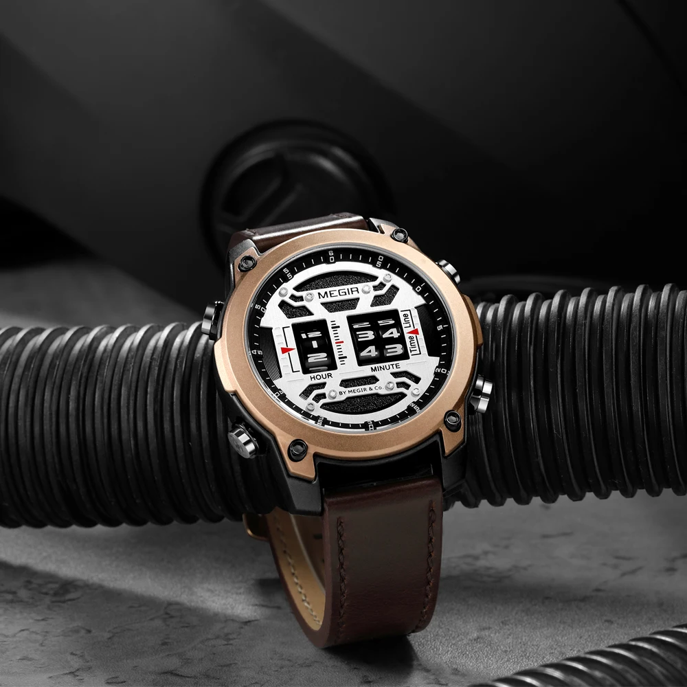 Relogio Masculino Megir 2142 Original Brand Luxury Men Leather Watches  Fashion Drum Roller Quartz Watch