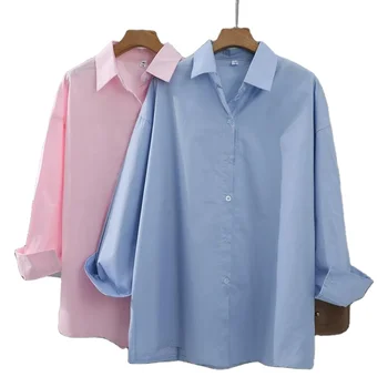 Women Blouses Office Lady Cotton Oversize Plus Size Tops Pink White Blue Long Sleeve 2022 Spring Korean Fashion Plus Size Shirts