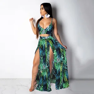 Print Sexy Long Dress Sets Sleeveless Crop Top and Loose Skirt Two Piece Set Women Beach Dress Outfit